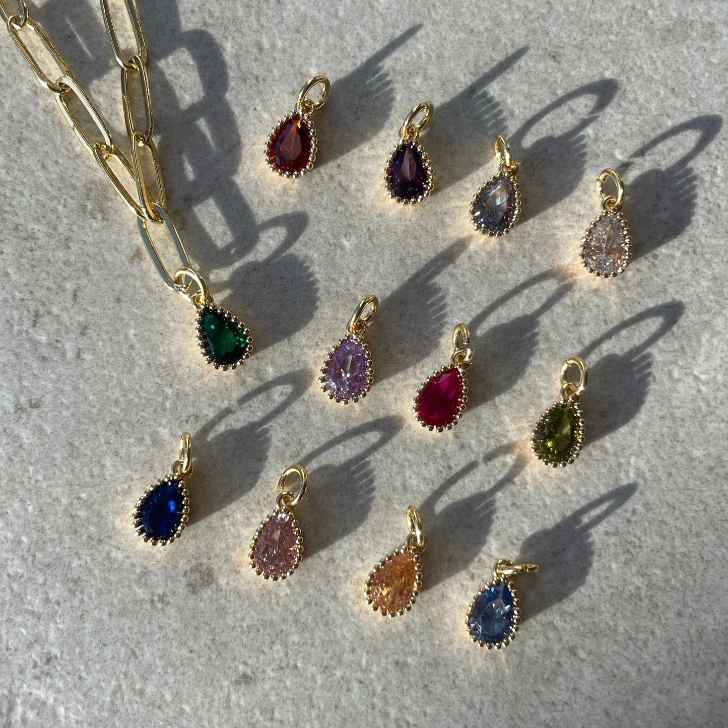 Studio Valli - Custom Charm Bracelets & Necklaces - build your own custom charm necklace - teardrop-shaped birthstone charms - New Zealand & Australia